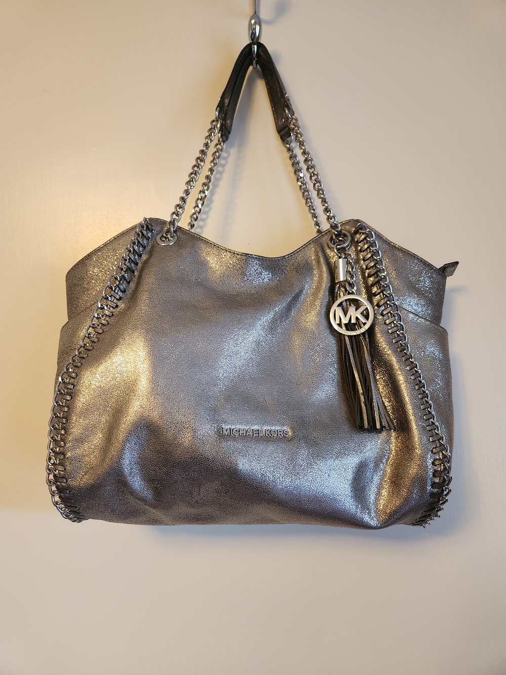Michael Kors Metallic Pewter Y2K Slouchy Chain Tote Shoulder Bag Tassel